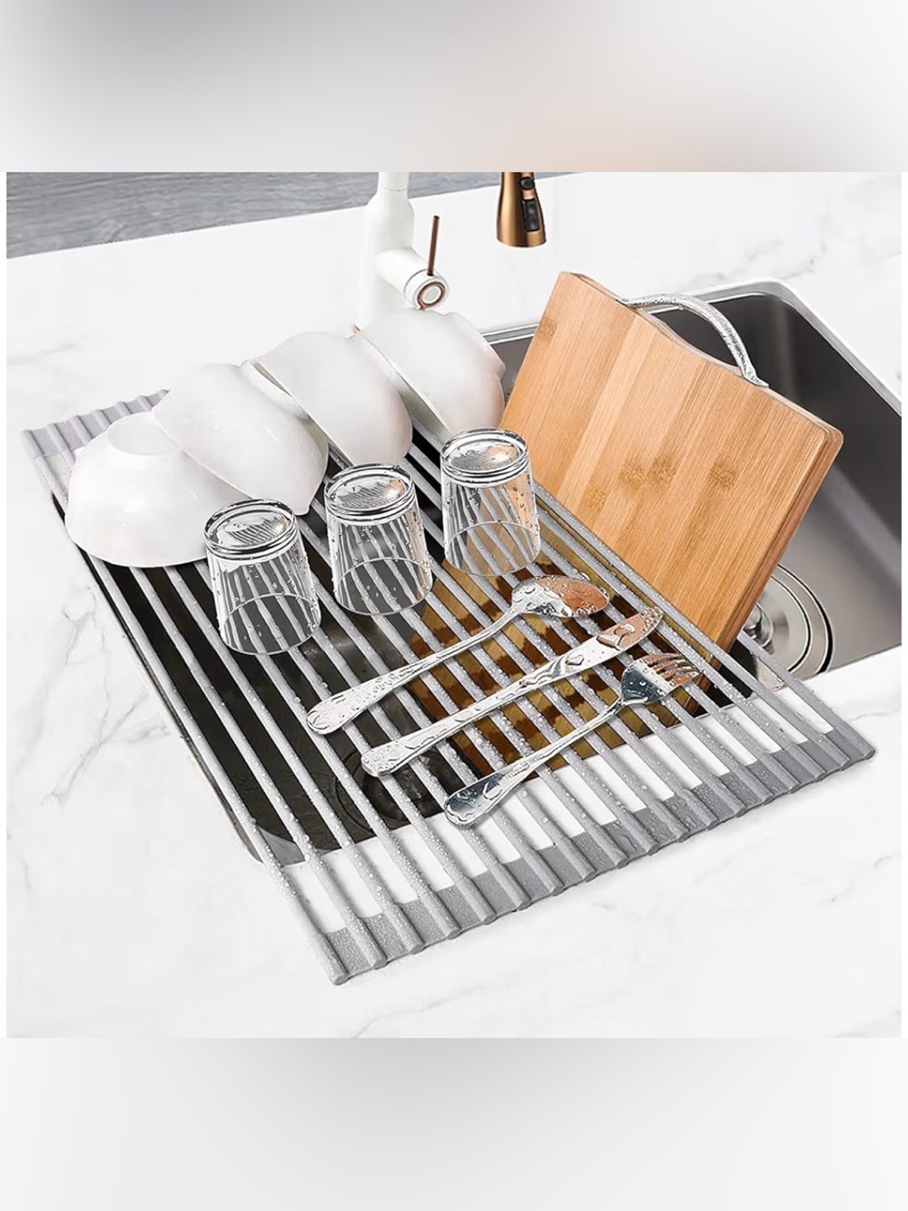 Roll Up Over Sink Dish Drying Rack Gray Silicone Non-Slip Heat Resistant - Picture 2 of 10
